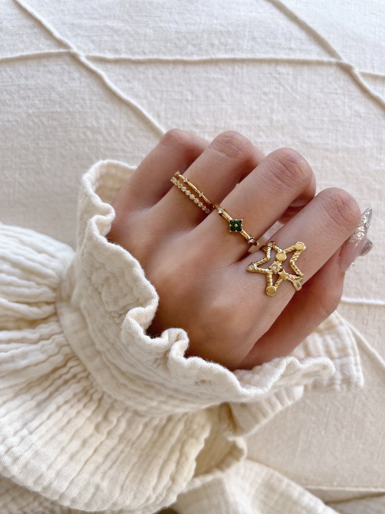 Gold Crystal Flower Ring / Green