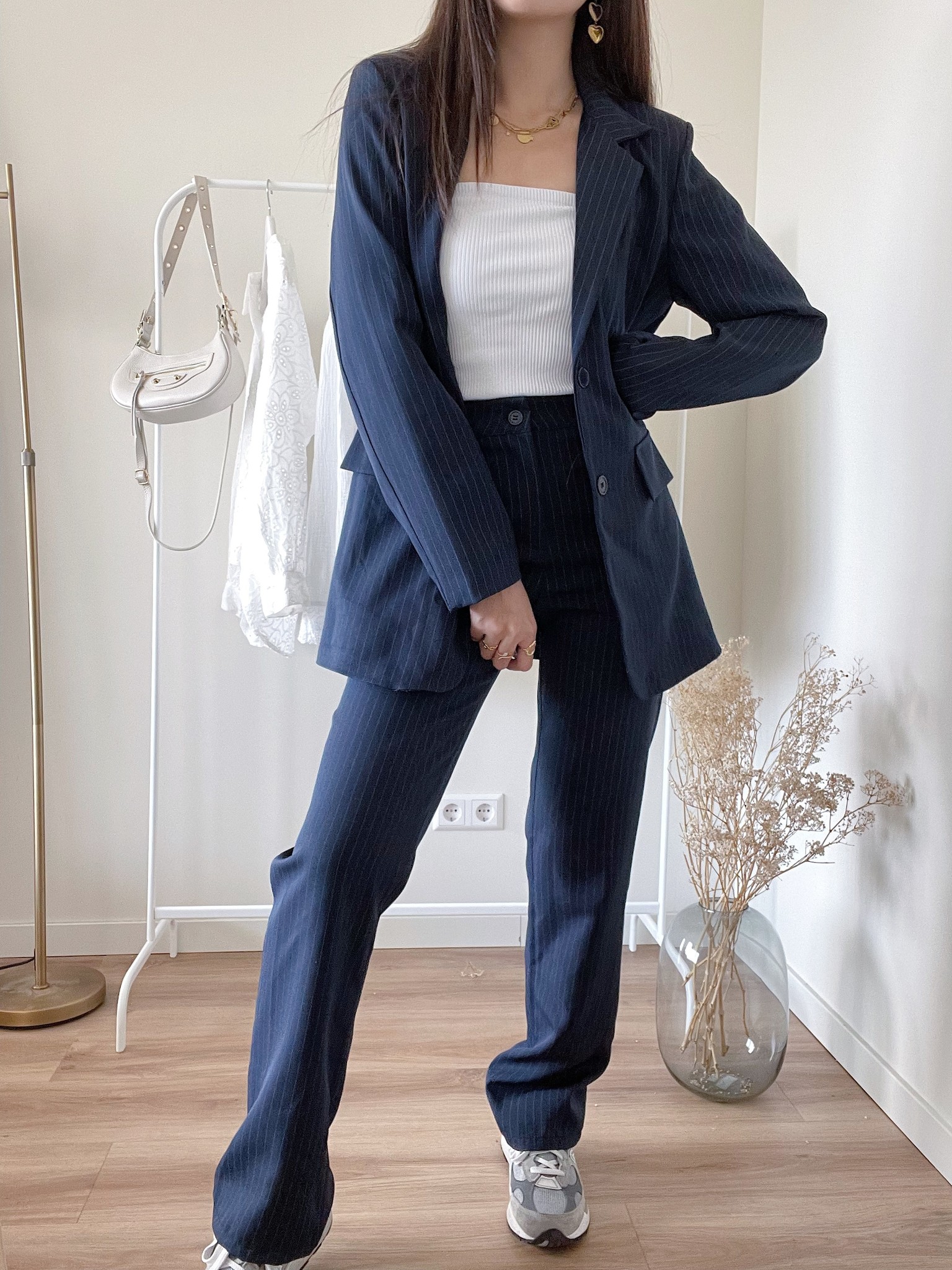 Ladies navy shop pinstripe blazer