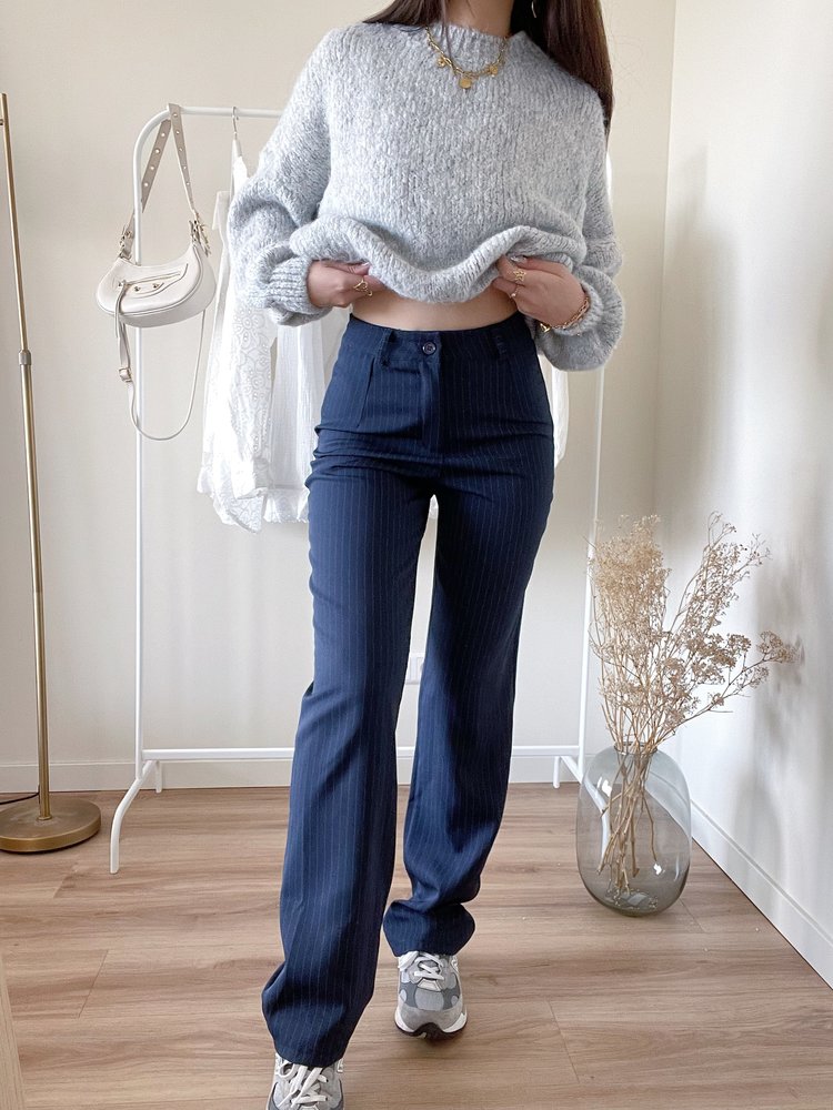 Onyx Pinstripe Wide Leg Trousers / Navy Blue