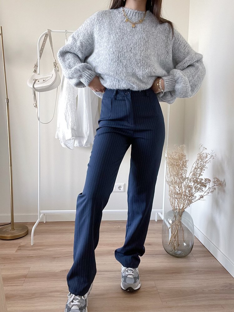 Onyx Pinstripe Wide Leg Trousers / Navy Blue