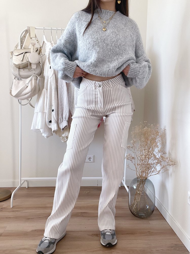 Rivka Striped Wide Leg Trousers / Beige