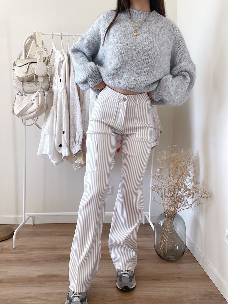 Rivka Striped Wide Leg Trousers / Beige