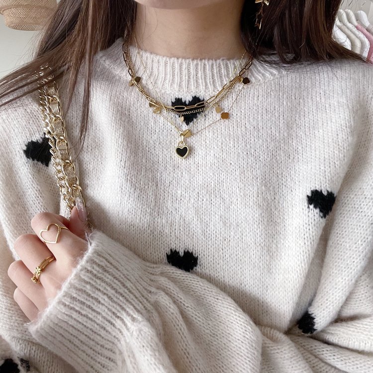 Gold Double Sided Heart Necklace / Black & White