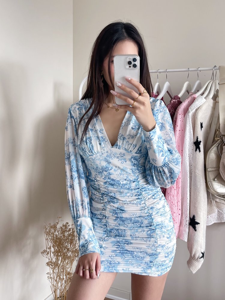 Palermo Flower Ruched Dress / Light Blue