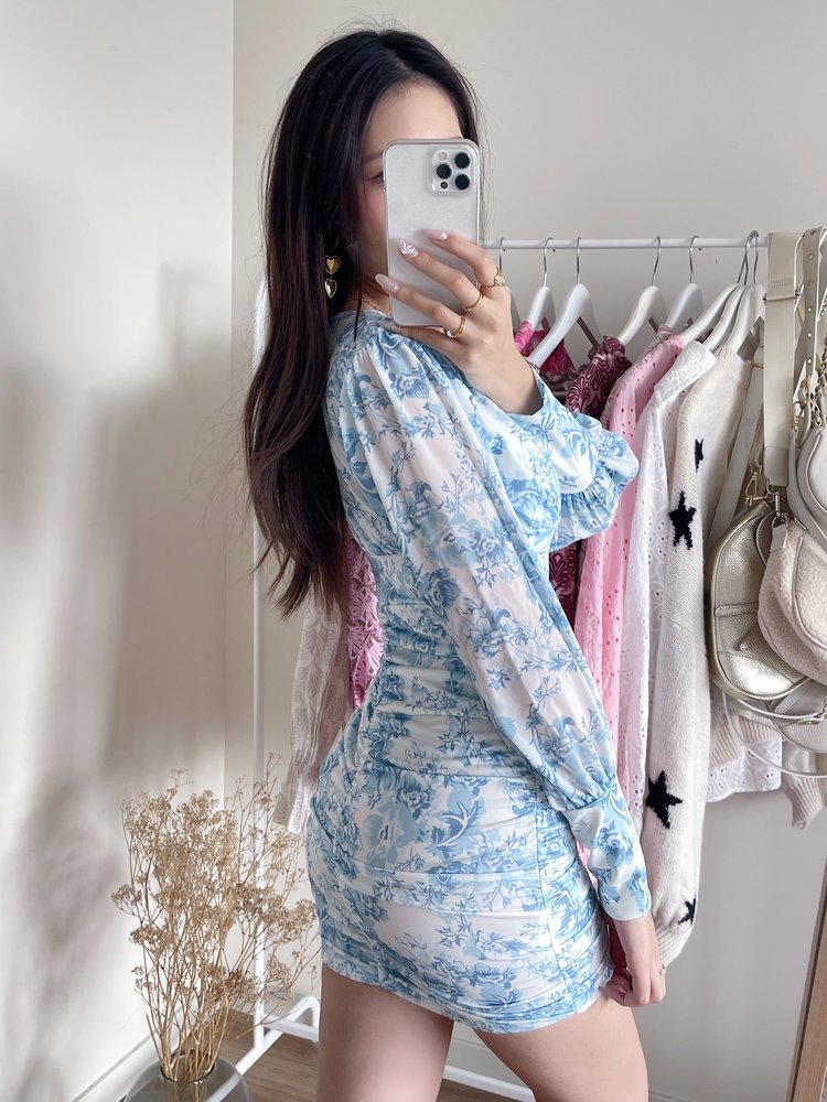 Palermo Flower Ruched Dress / Light Blue
