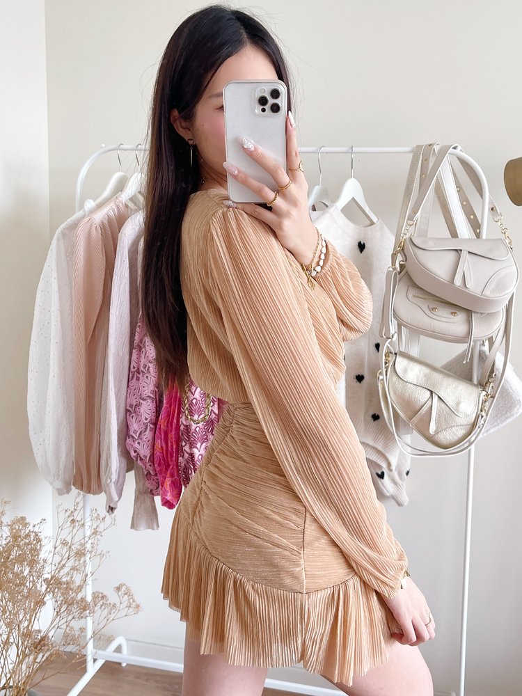 Marith Lurex Pleated Dress / Warm Beige