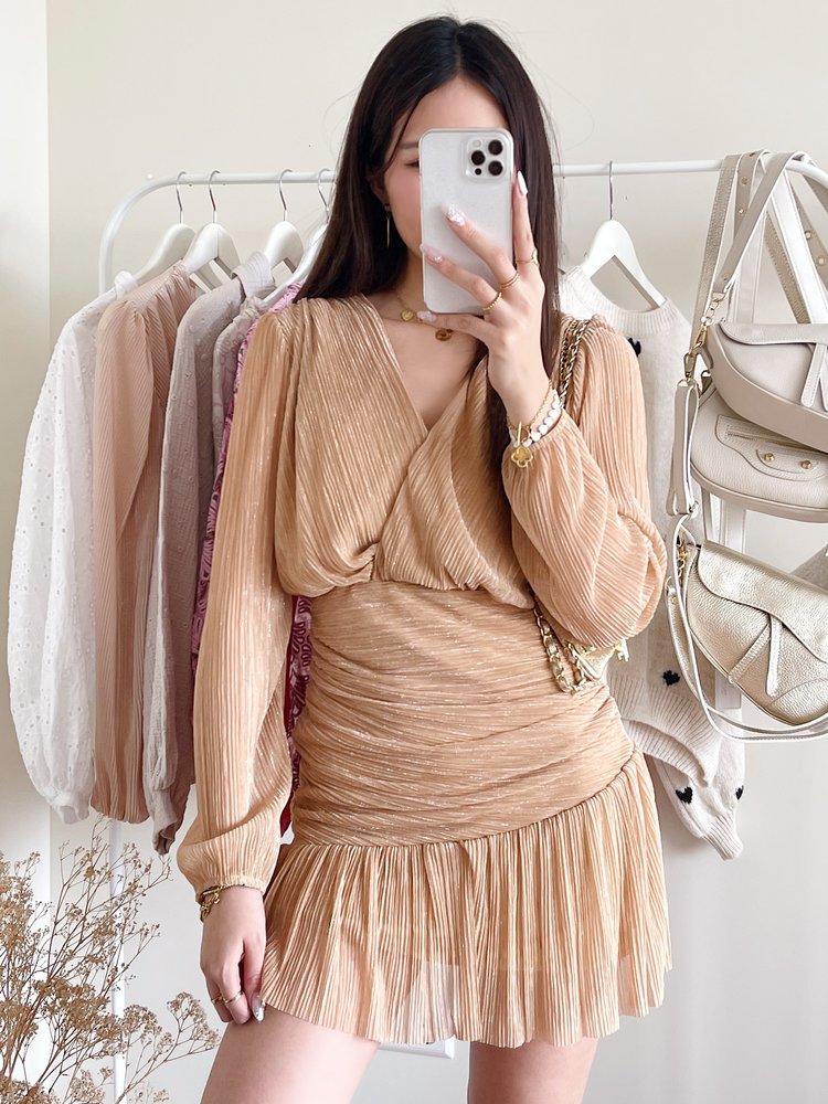 Marith Lurex Pleated Dress / Warm Beige