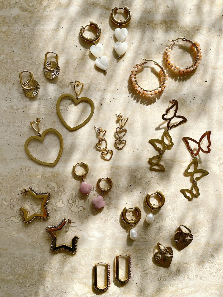 Gold Pearl Heart Beads Earrings / White