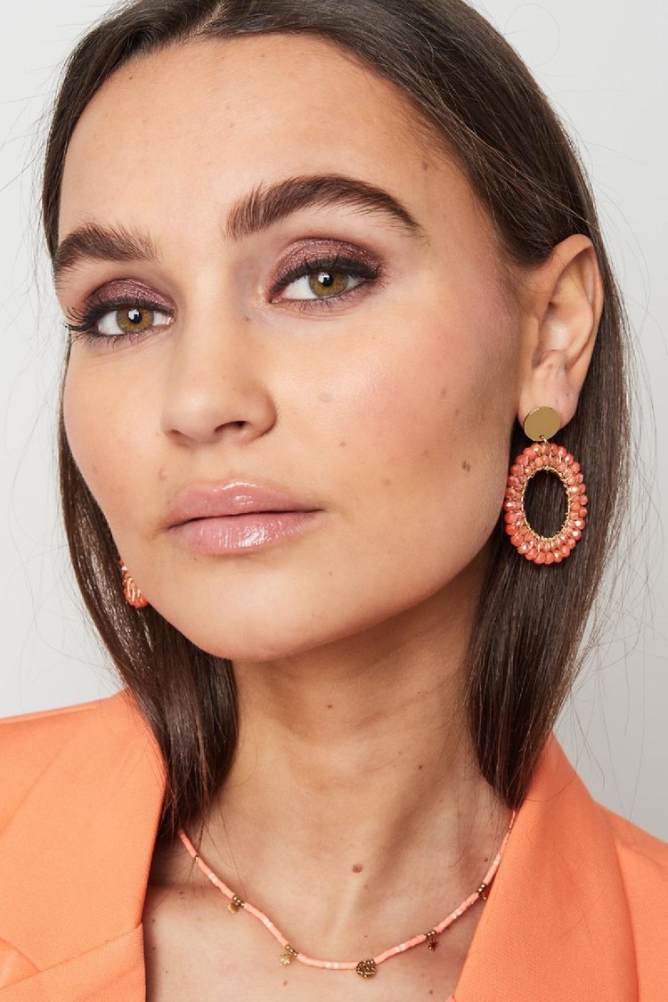 Gold Layered Beads Earrings / Beige