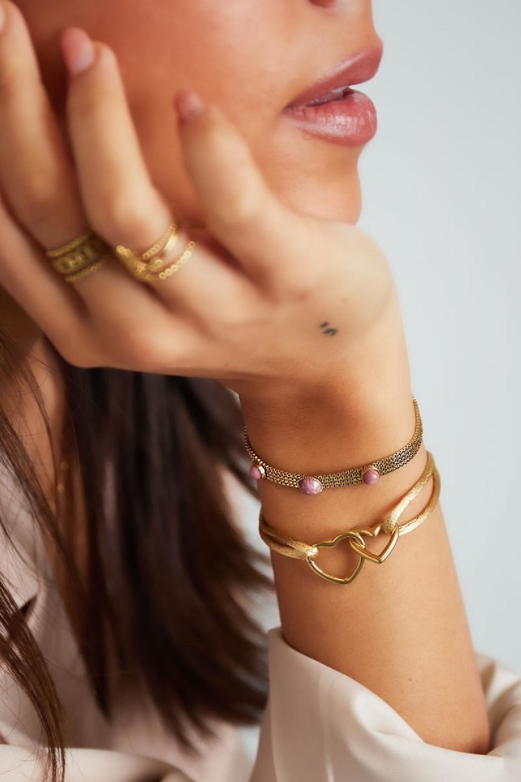 Gold Double Heart Satin Bracelet / Pink