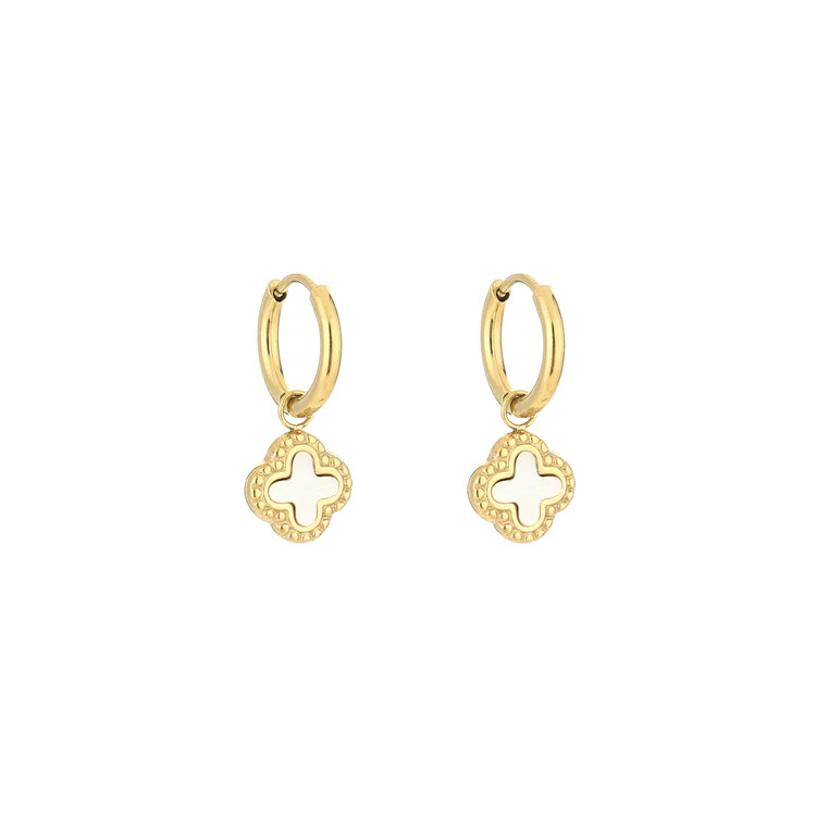 Gold Vintage Clover Earrings / White
