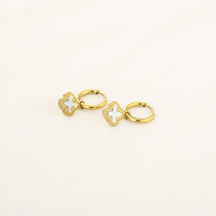 Gold Vintage Clover Earrings / White