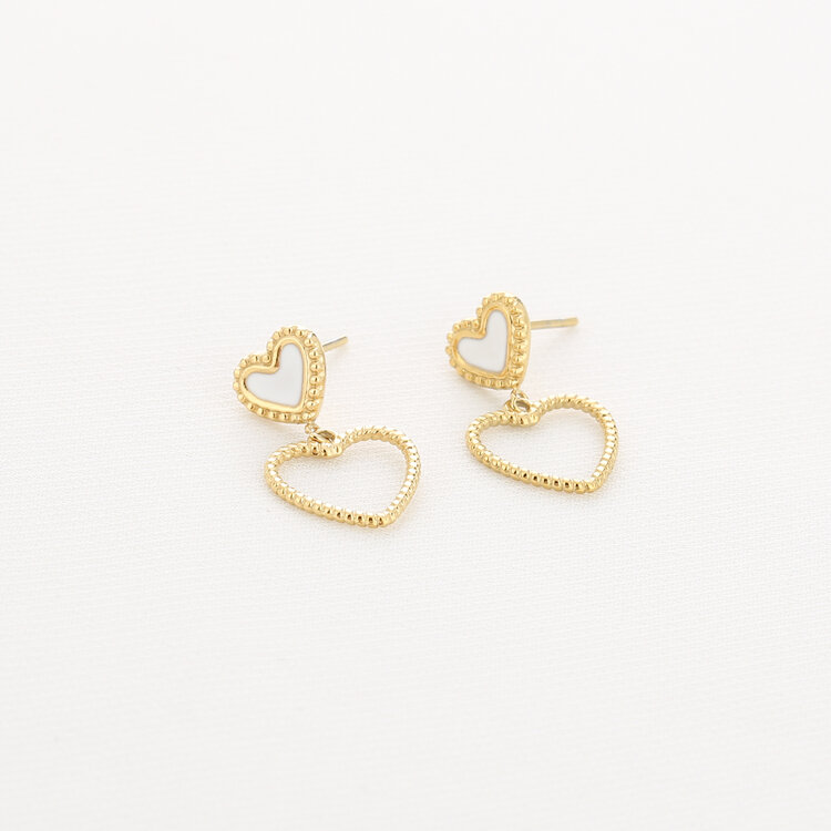 Gold Vintage Heart Drop Earrings / White