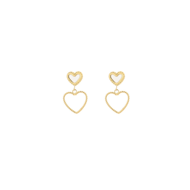 Gold Vintage Heart Drop Earrings / White