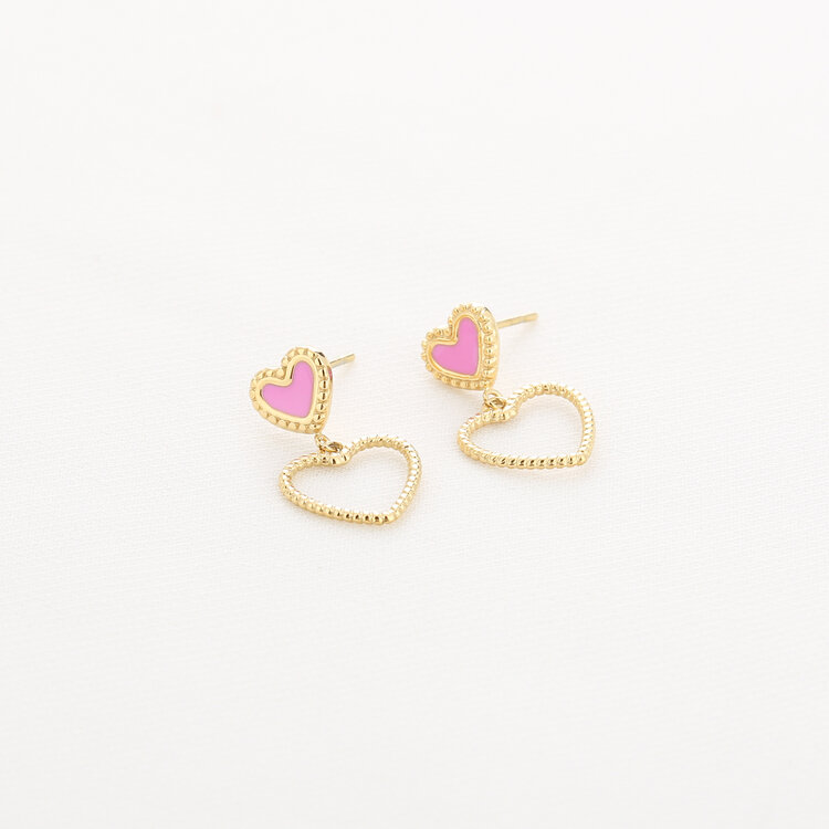 Gold Vintage Heart Drop Earrings / Pink
