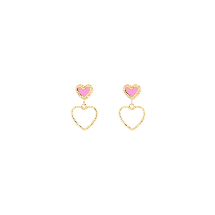 Gold Vintage Heart Drop Earrings / Pink