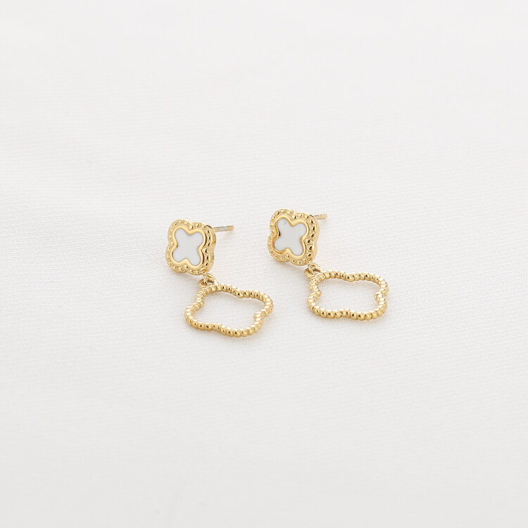 Gold Vintage Clover Drop Earrings / White