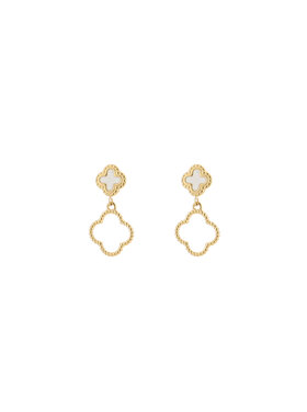 Gold Vintage Clover Drop Earrings / White