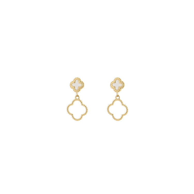 Gold Vintage Clover Drop Earrings / White