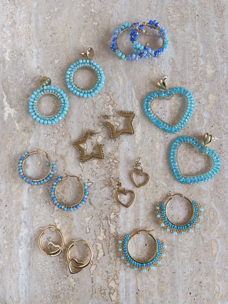 Gold Flower Beads Party Earrings / Blue Small