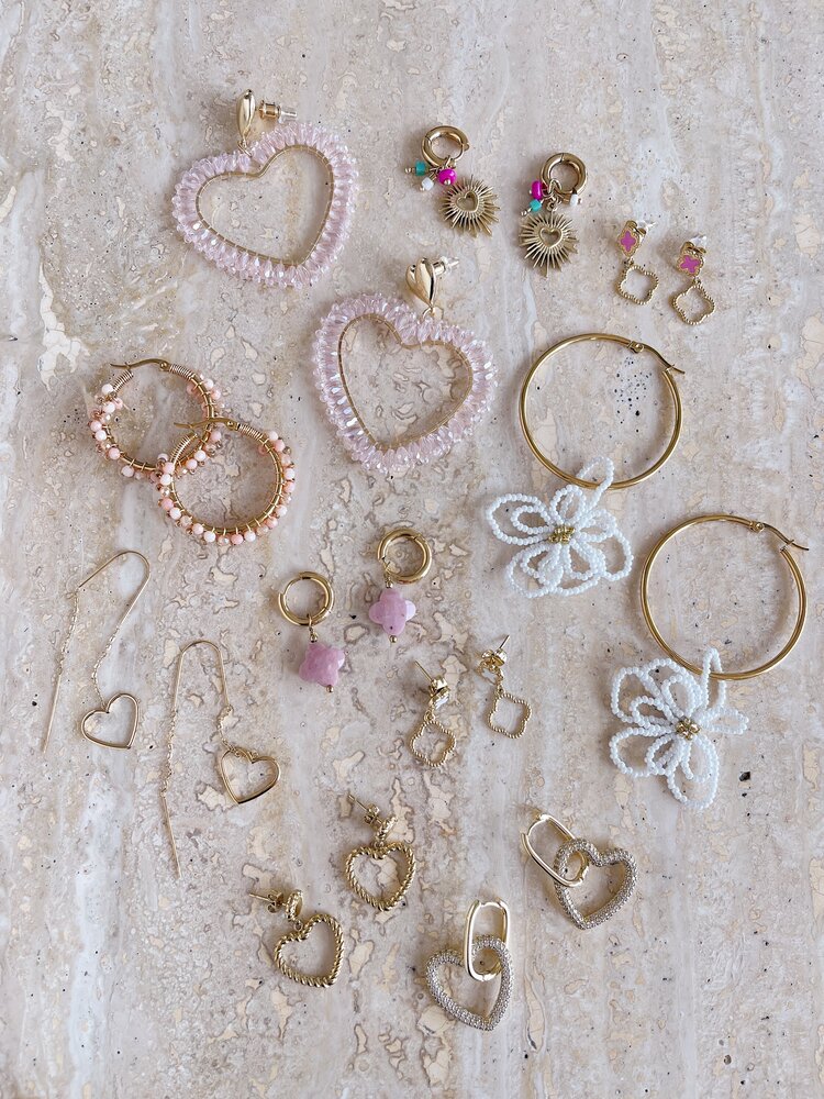 Gold Vintage Clover Drop Earrings / Pink