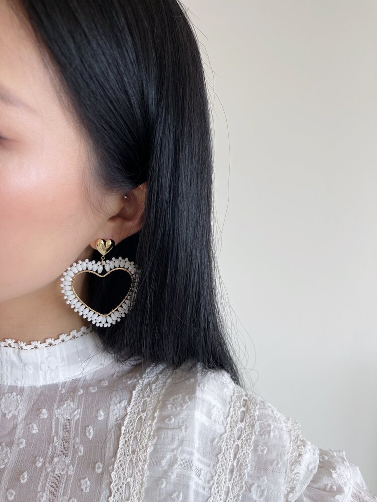 Gold Layered Heart Beads Earrings / White