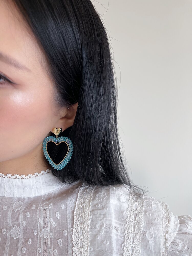 Gold Layered Heart Beads Earrings / Blue