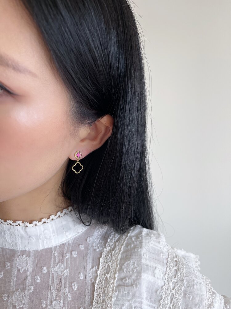 Gold Vintage Clover Drop Earrings / Pink