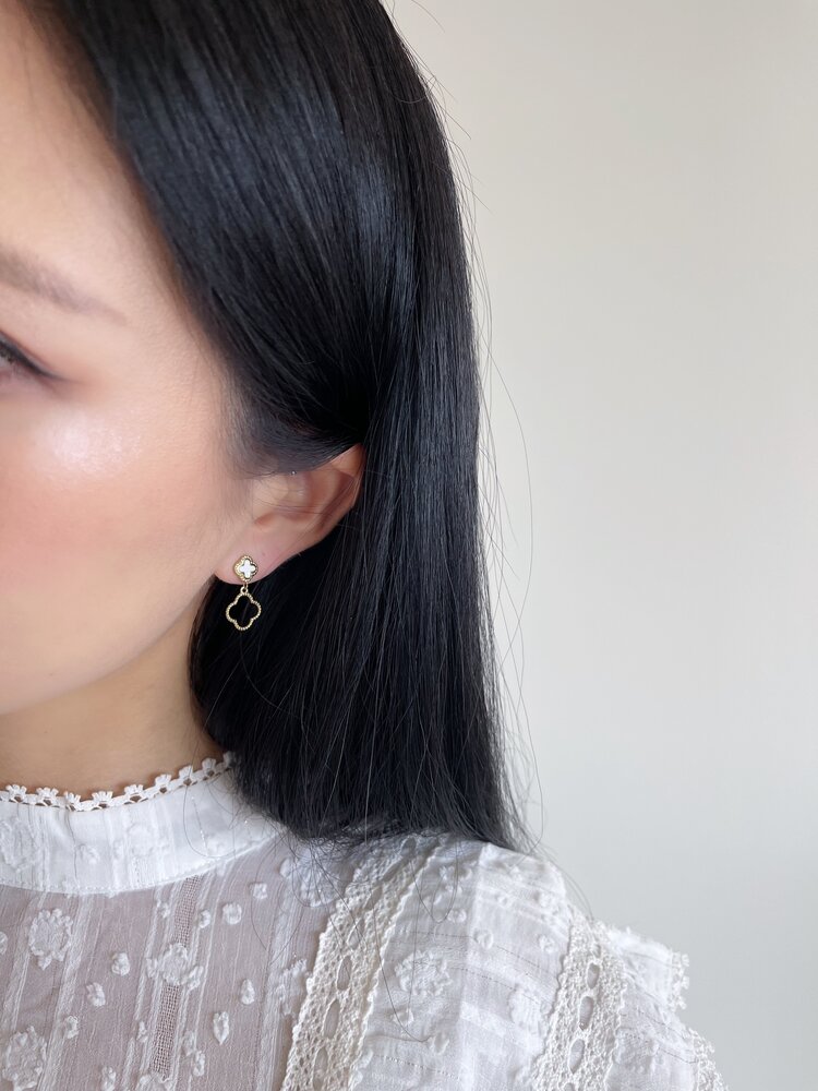 Gold Vintage Clover Drop Earrings / White