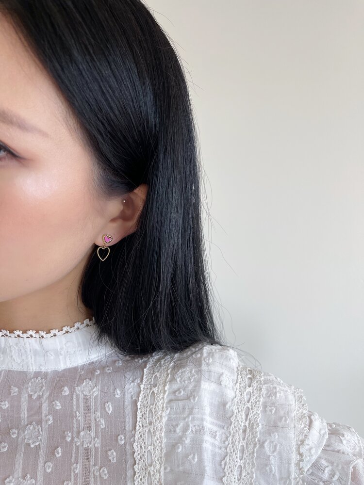 Gold Vintage Heart Drop Earrings / Pink