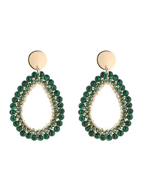 Gold Layered Drop Beads Earrings / Dark Green