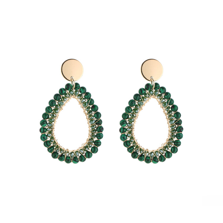 Gold Layered Drop Beads Earrings / Dark Green