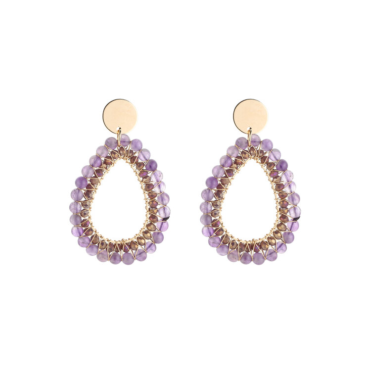 Gold Layered Drop Beads Earrings / Purple