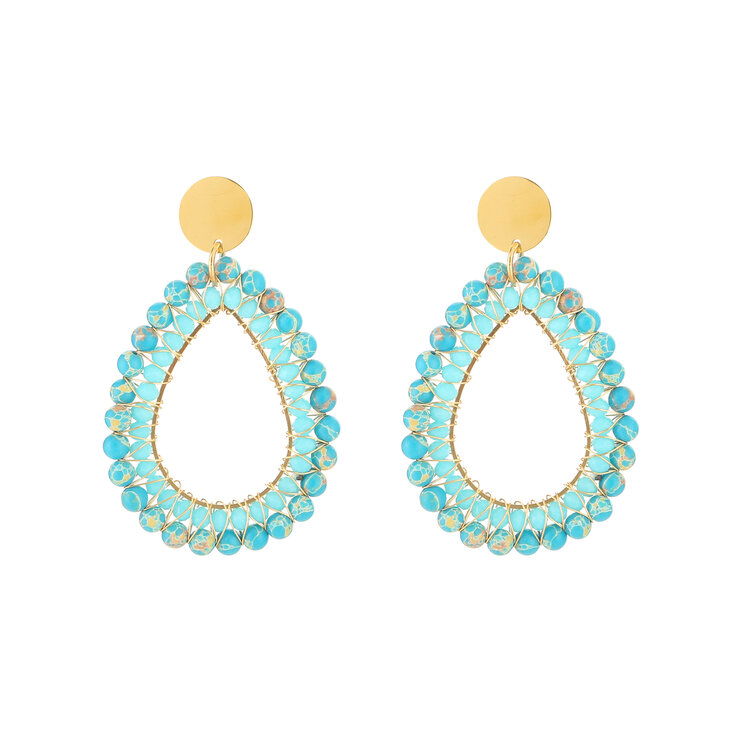 Gold Layered Drop Beads Earrings / Blue
