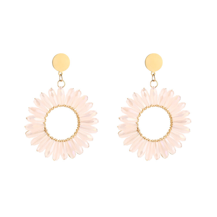 Gold Flower Crystal Beads Earrings / Pink