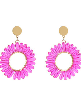 Gold Flower Crystal Beads Earrings / Fuchsia