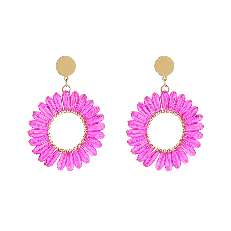 Gold Flower Crystal Beads Earrings / Fuchsia