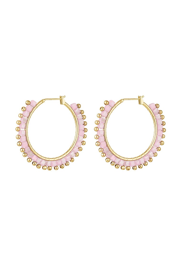Gold Square Beads Party Earrings / Pink