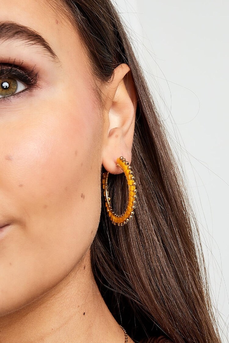 Gold Square Beads Party Earrings / Pink