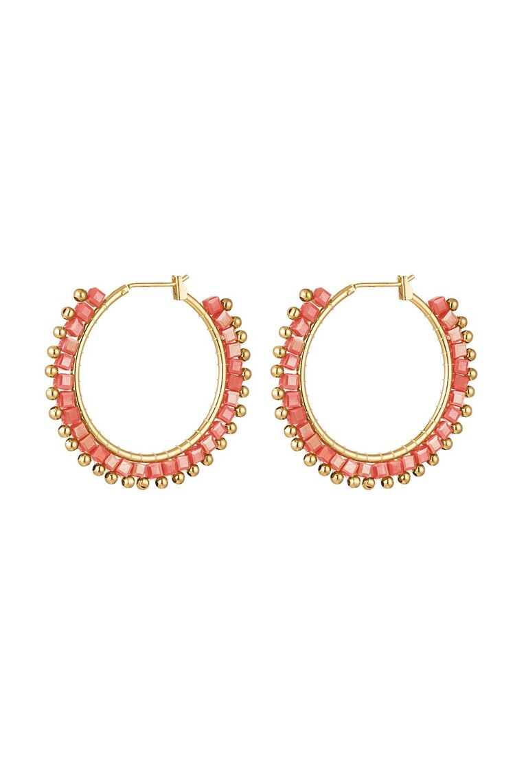 Gold Square Beads Party Earrings / Coral