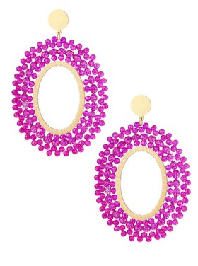 Gold Oval Crystal Beads Earrings / Fuchsia