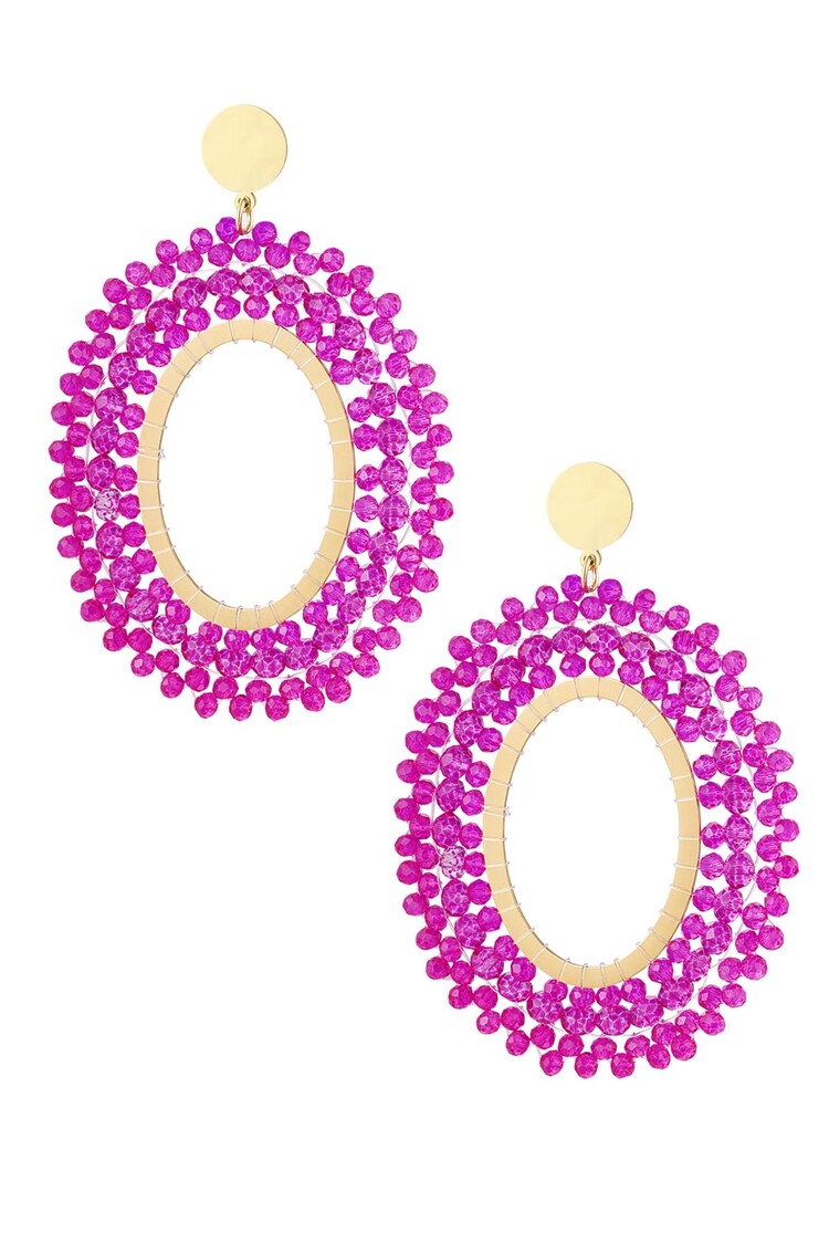Gold Oval Crystal Beads Earrings / Fuchsia