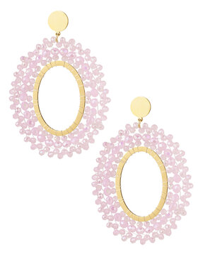 Gold Oval Crystal Beads Earrings / Pink