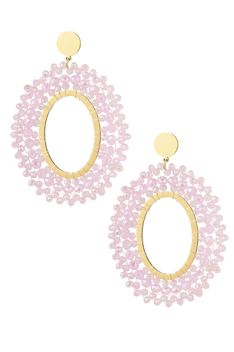Gold Oval Crystal Beads Earrings / Pink