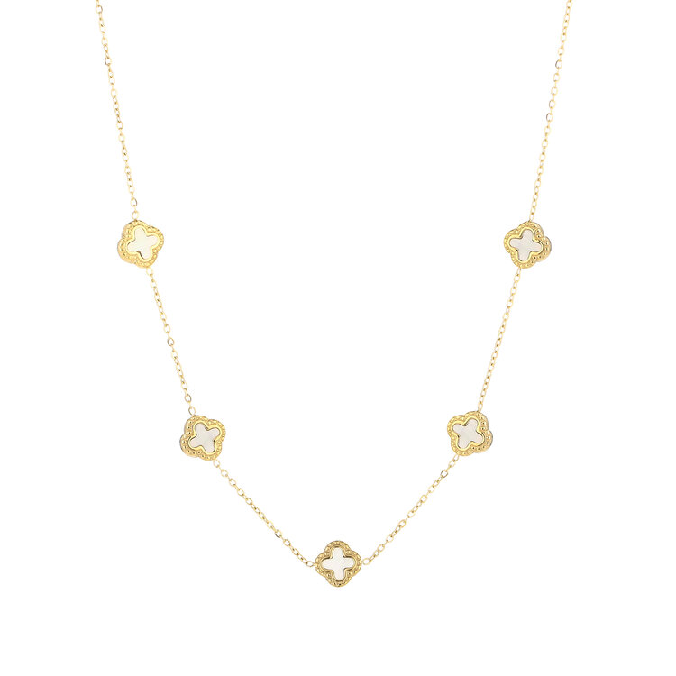 Gold Vintage Clover Necklace / White