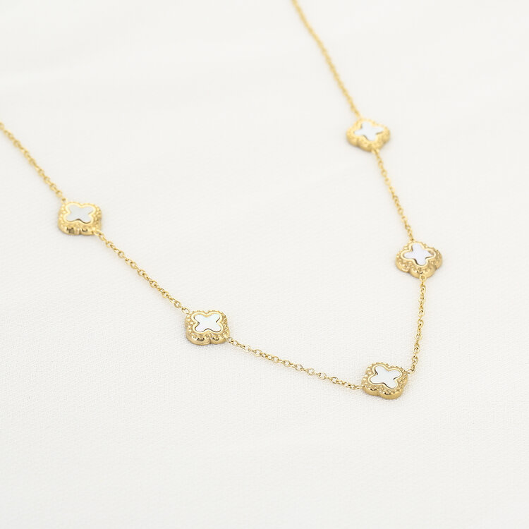 Gold Vintage Clover Necklace / White