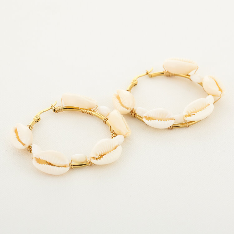 Gold Shell Beads Hoop Earrings / White