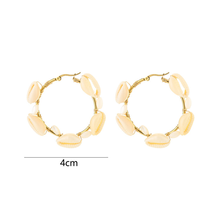 Gold Shell Beads Hoop Earrings / White