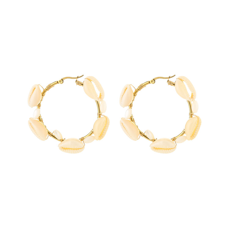 Gold Shell Beads Hoop Earrings / White