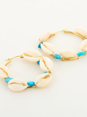 Gold Shell Beads Hoop Earrings / Blue